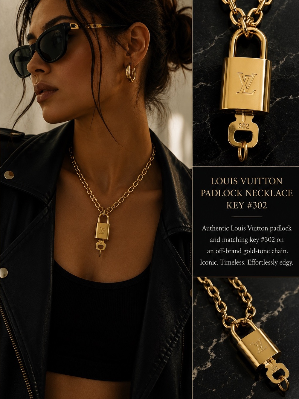 Authentic Louis Vuitton Gold Padlock Key #302 on Gold Tone Chain Necklace - Picture 1 of 5